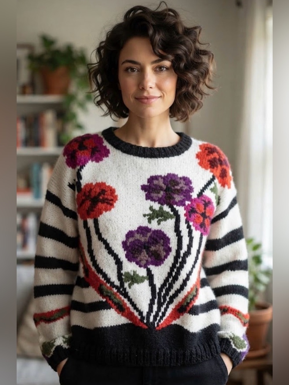 JJ Browne Vintage 80s Cottagecore B/W Stripe Floral Cotton Blend Sweater L